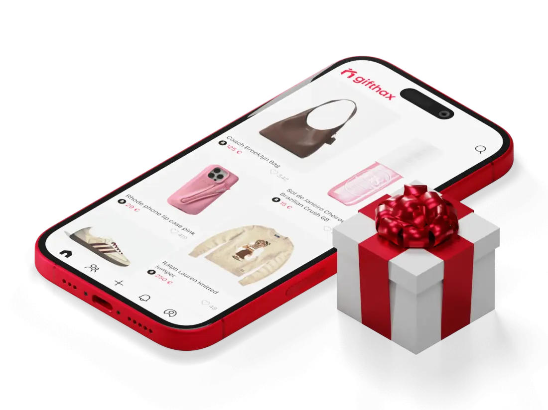 The Gifthax app on a phone next to a wrapped gift box