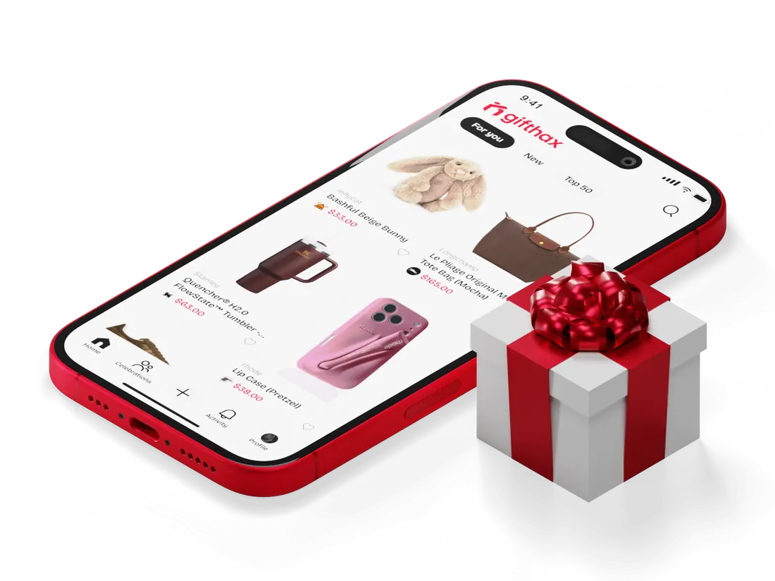 Aplikace Gifthax na telefonu vedle zabaleného dárku